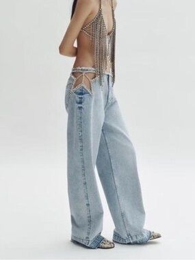 Stella McCartney Light Blue Low-Rise Wide Leg Jeans with Cutout Waist